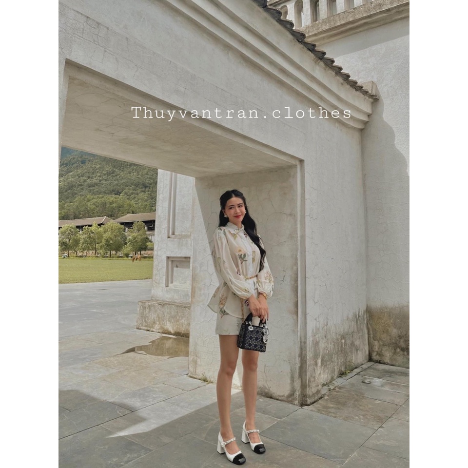 SET SƠ MI HOA TAY PHỒNH SHORT KÈM BELT XÍCH