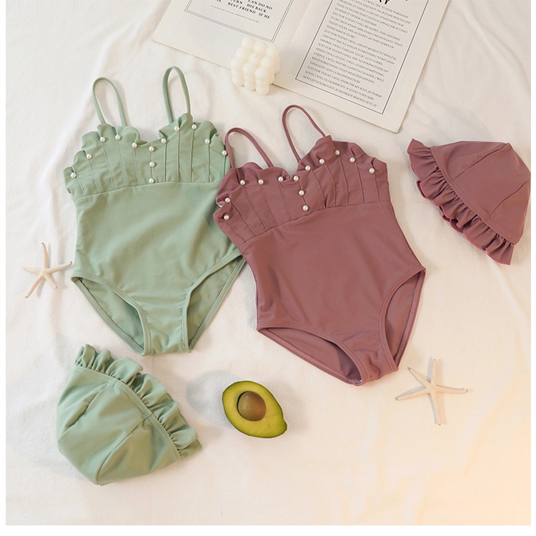 Đồ Bơi Một Mảnh Không Tay Đính Ngọc Trai Kèm Mũ Thời Trang Mùa Hè Cho Bé Gái 1-10 Tuổi