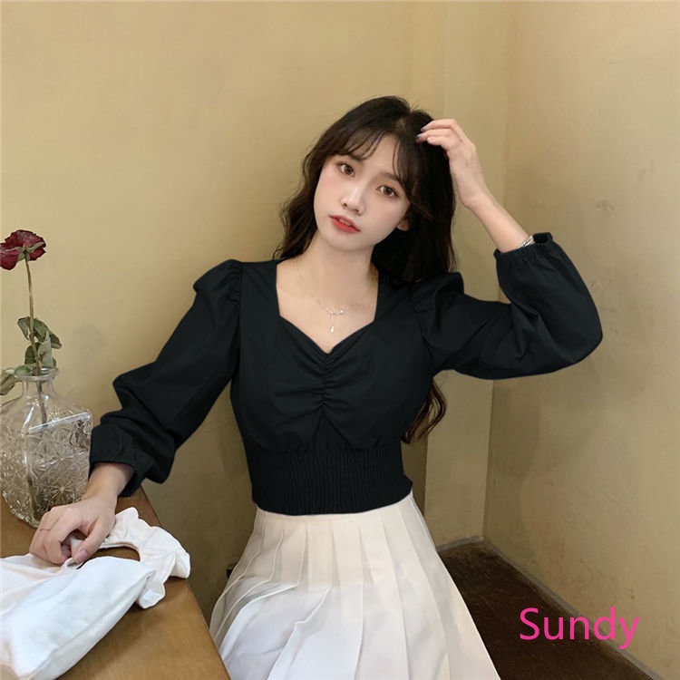 Plus Áo Croptop Cổ Vuông Tay Phồng Dáng Rộng Lưng Cao Co Giãn Tốt Thời Trang Mùa Xuân Cho Nữ