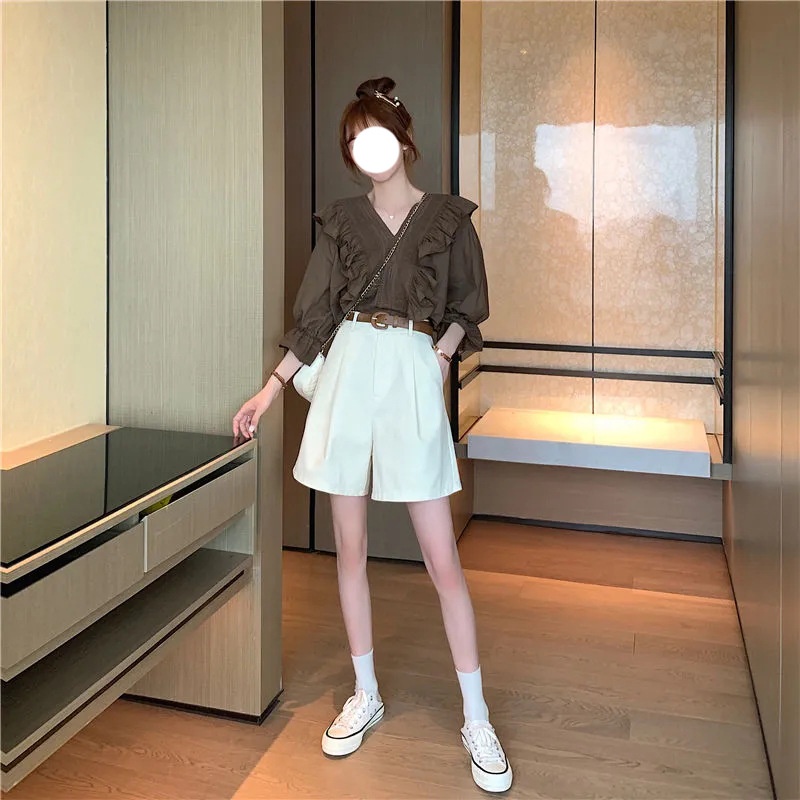 Quần ngắn dành cho nữ Ống Rộng Lưng Cao Màu Be Thời Trang Mùa Hè 2023