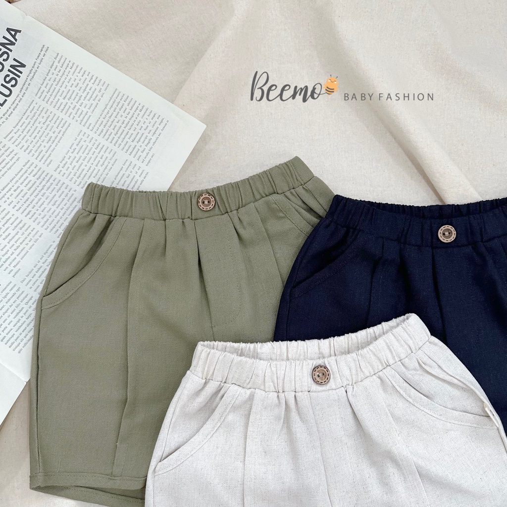 Quần đùi Beemo đính cúc gỗ cá tính ba màu chất liệu linen mặc đi học, đi chơi cho bé từ 1 - 7 tuổi 22057Q