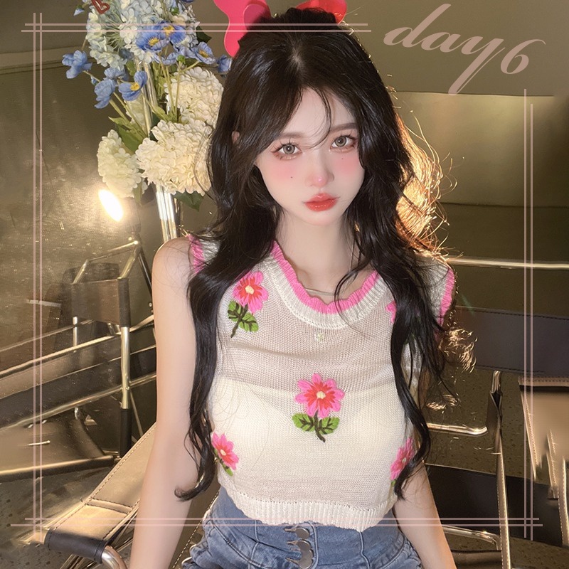 Áo Tank Top Dệt Kim Sát Nách In Hoa Kiểu Hàn Quốc Xinh Xắn Cho Bạn Gái