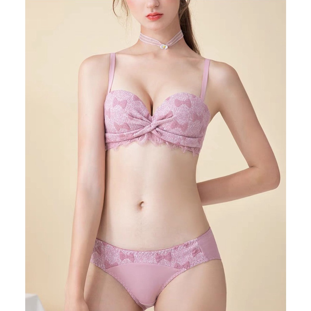 Tổng Kho Sỉ Đồ Lót Set Bộ Lót Cúp Ngang Len Nơ Viền Ren 916 (Set Áo Kèm Quần)