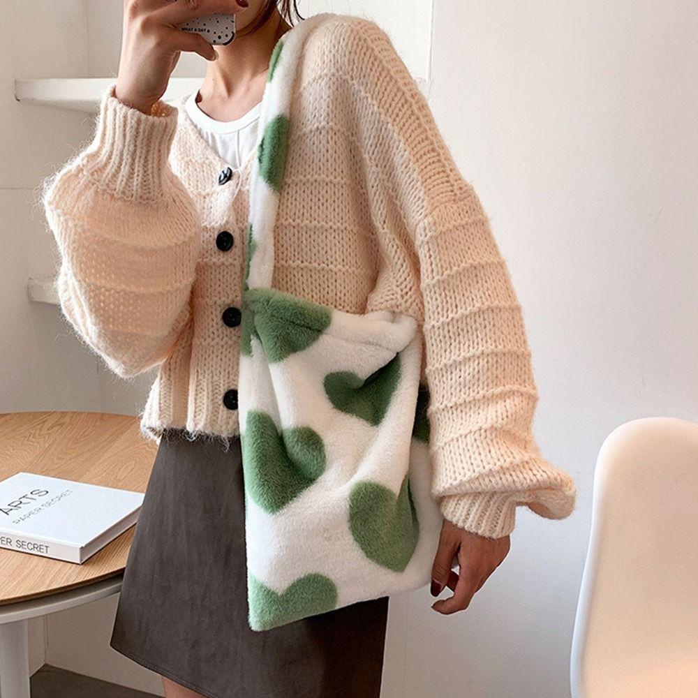 Túi Đeo Vai Bằng Lông Cừu Họa Tiết Hình Thoi Hình Trái Tim Sức Chứa Lớn Cho Nữ