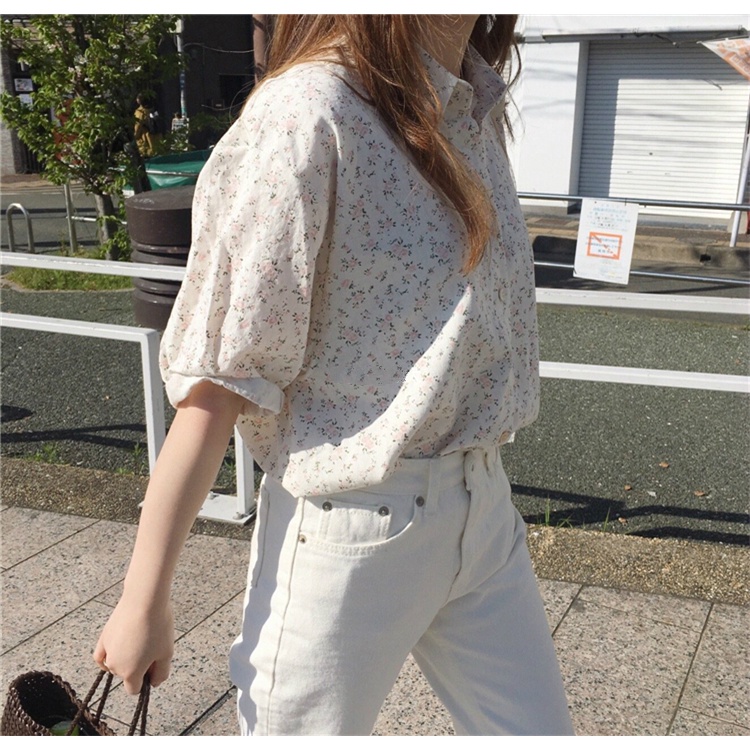 Áo Sơ Mi Ngắn Tay Dáng Rộng Họa Tiết Hoa Thời Trang Hàn Quốc Cho Nữ