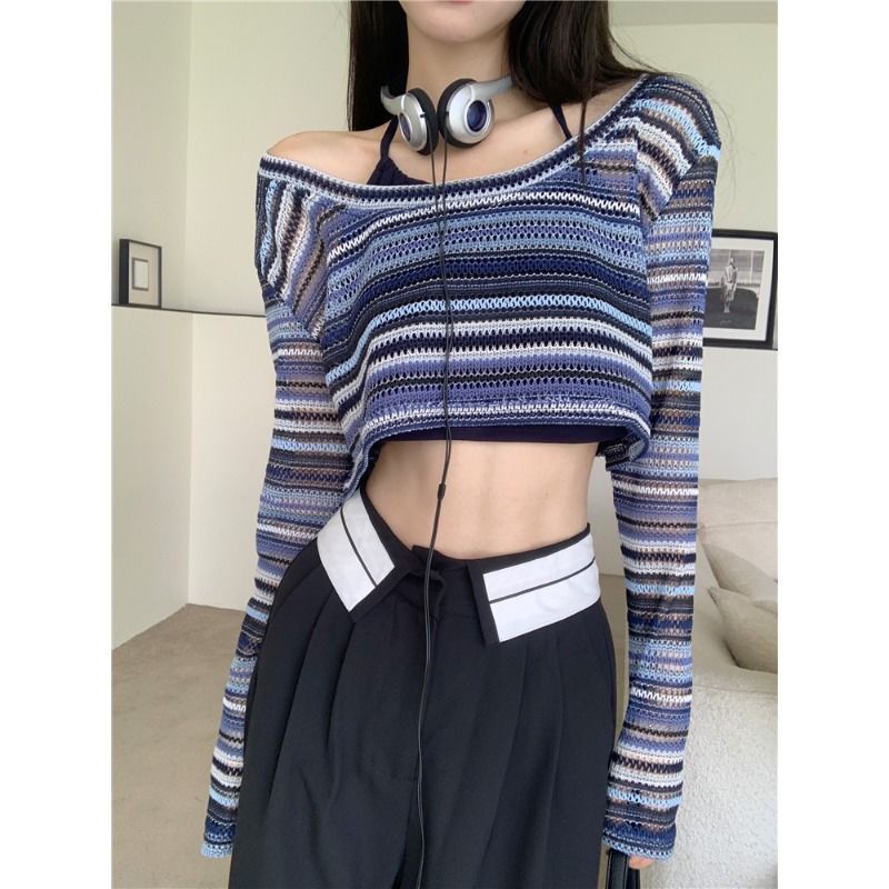 Áo Sweater Mỏng Dáng Rộng Tay Dài Họa Tiết Kẻ Sọc Màu Tương Phản Thời Trang Mùa Thu Cho Nữ