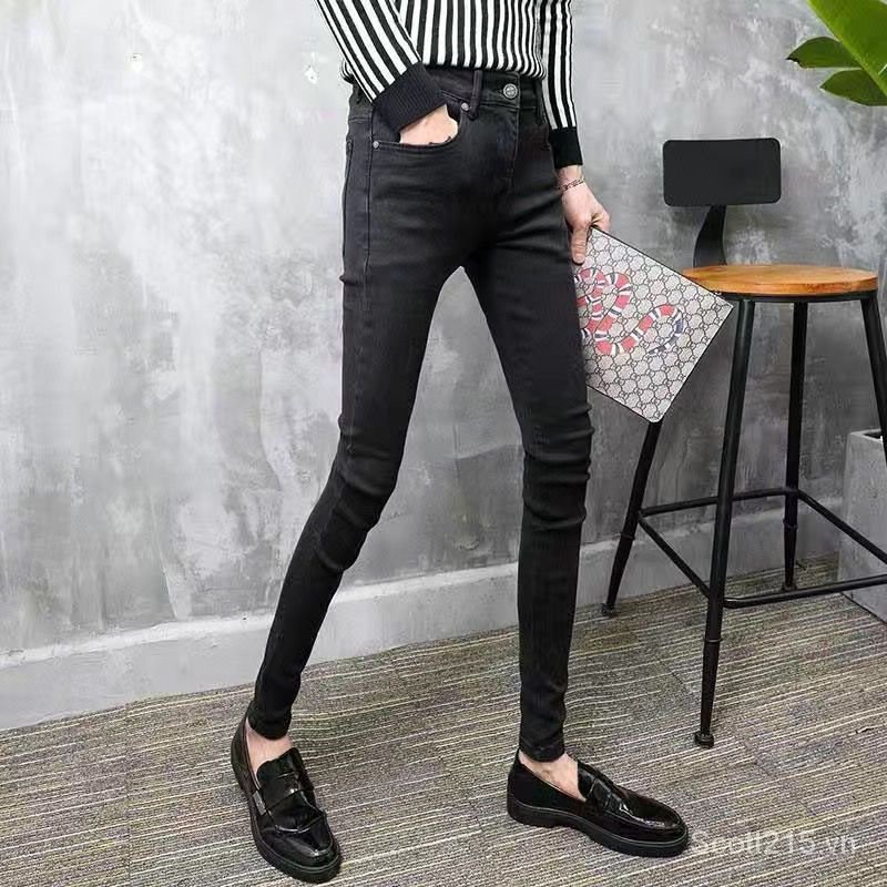Quần Jean Dài Dáng Ôm Rách Gối Màu Đen Thời Trang Xuân Hè Cao Cấp Cho Nam