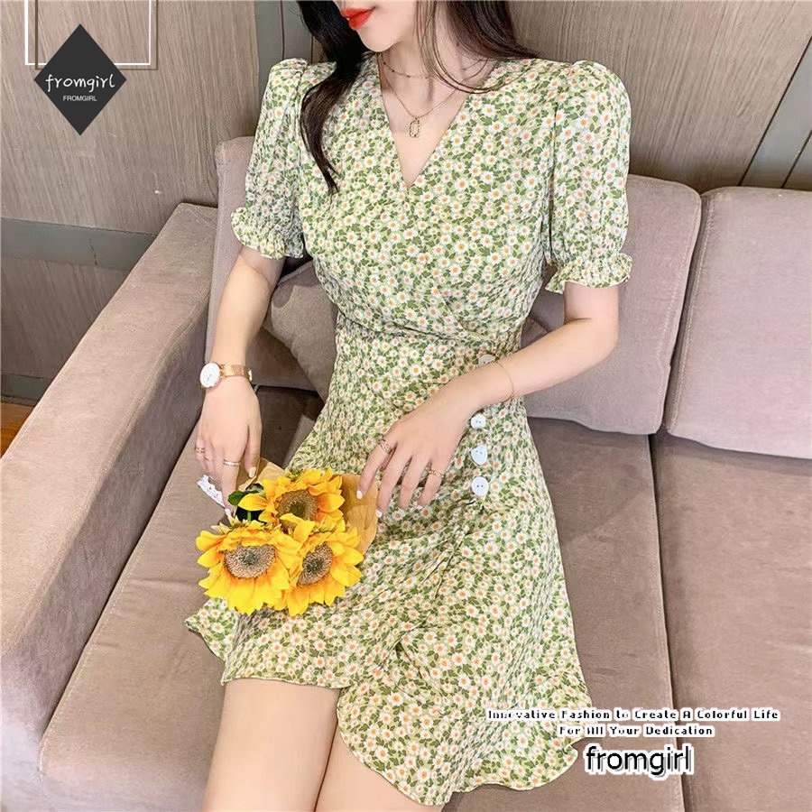 Đầm Hoa Tay Phồng Cổ Chữ v Lưng Cao Thời Trang Mới 2023 Dành Cho Nữ