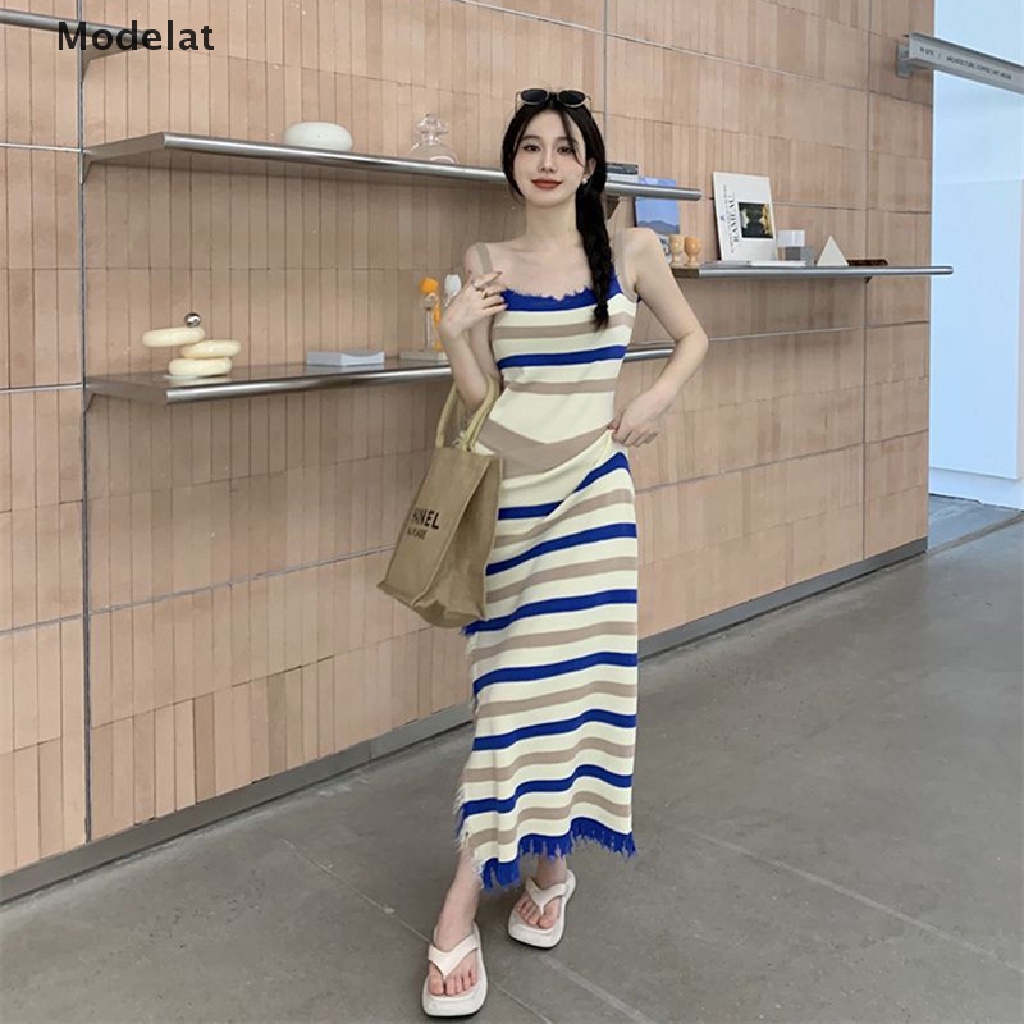Mfc Đầm Dài Dệt Kim Không Tay Dáng Ôm Họa Tiết Kẻ Sọc Phong Cách Hàn Quốc Dành Cho Nữ