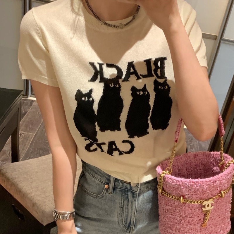 Áo Thun Dệt Kim Tay Ngắn Màu Sắc Tương Phản Thời Trang Mùa Hè