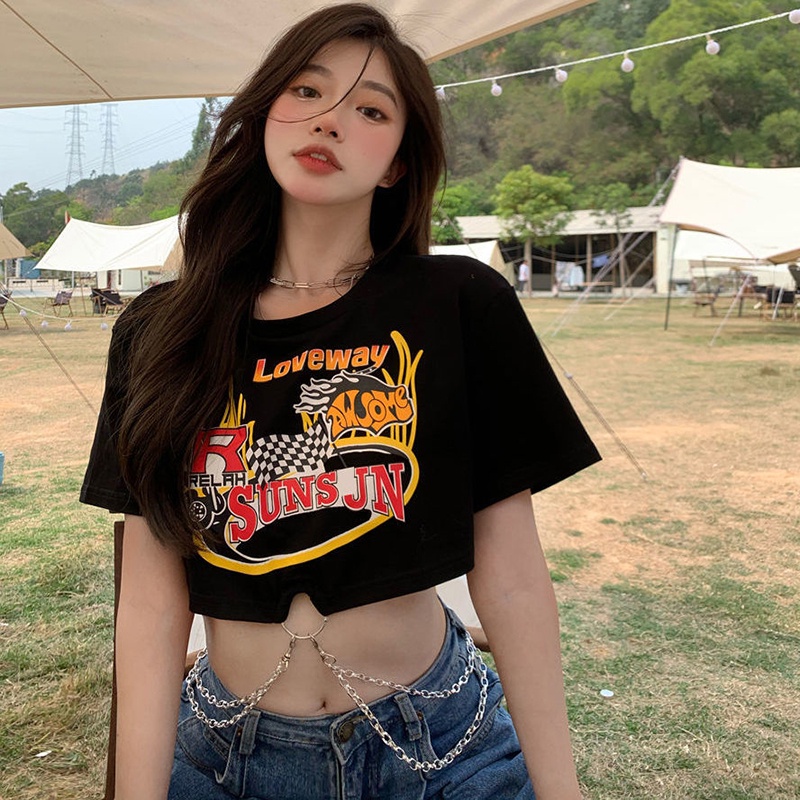 IELGYÁo Croptop In Họa Tiết Phong Cách retro Dễ Phối Đồ Cho Nữ