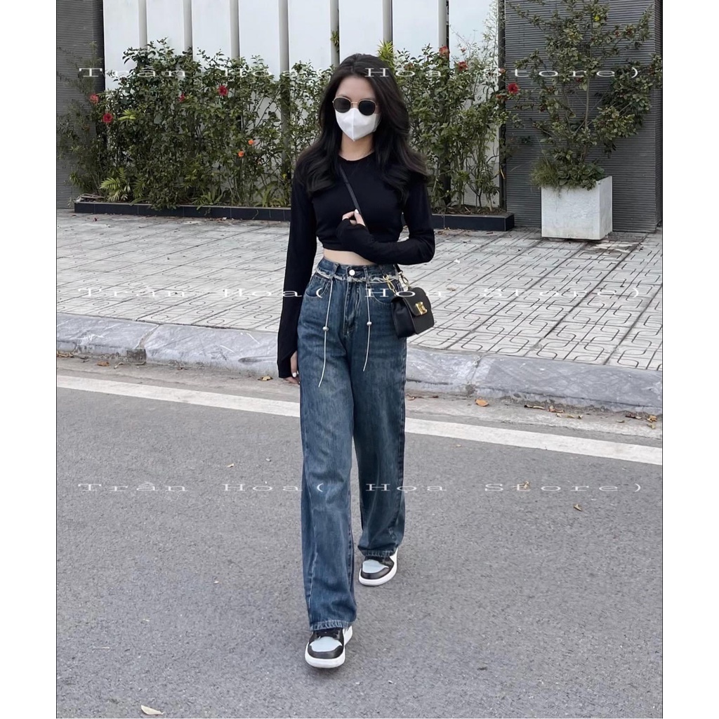 Quần bò jeans ống xuông cạp tua mài túi sau kèm dây đai xích đai chuông hot