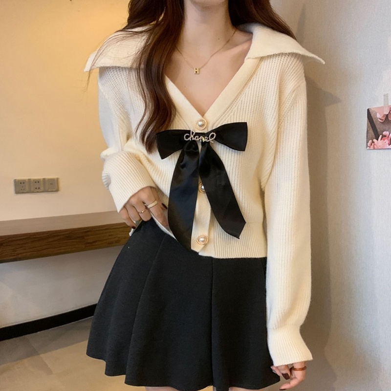 IELGY   Áo Khoác cardigan Dệt Kim Dáng Ngắn Phối Nơ Xinh Xắn Cho Nữ