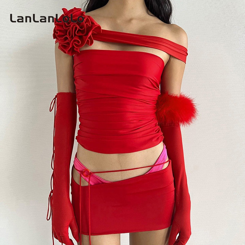 Áo ống LanLanLoLo màu trơn trang trí hoa thời trang 2023 cho nữ