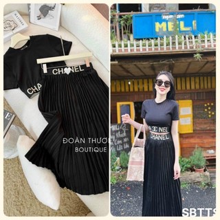 Set chân váy midi xếp ly và áo thun ôm croptop