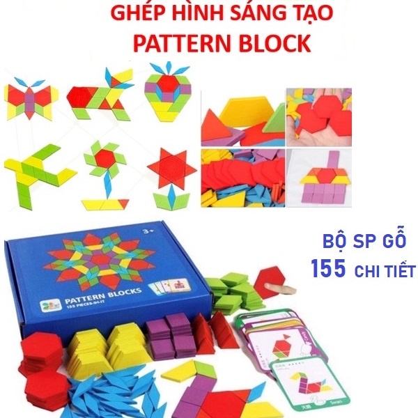 ĐỒ CHƠI MONTESSORI, ĐỒ CHƠI GỖ GHÉP HÌNH THEO MẪU 155 Chi Tiết Pattern Blocks BÉ THẢ SỨC SÁNG TẠO- Hàng Đẹp Loại 1