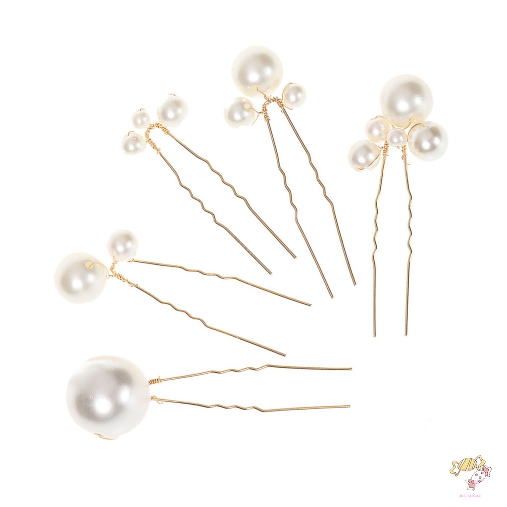 YADORNOS 5pcs/set Trâm Cài Tóc Chữ U Đính Ngọc Trai Giả Bằng Kim Loại Màu Bạc Cho Cô Dâu