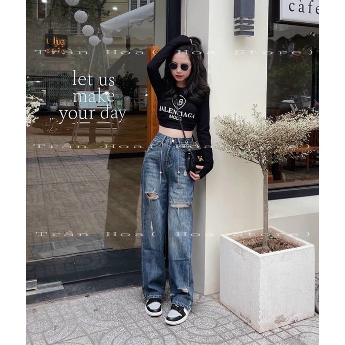 Quần Jeans xuông Ống Rộng Rách Gối Kèm Dây Xích b115