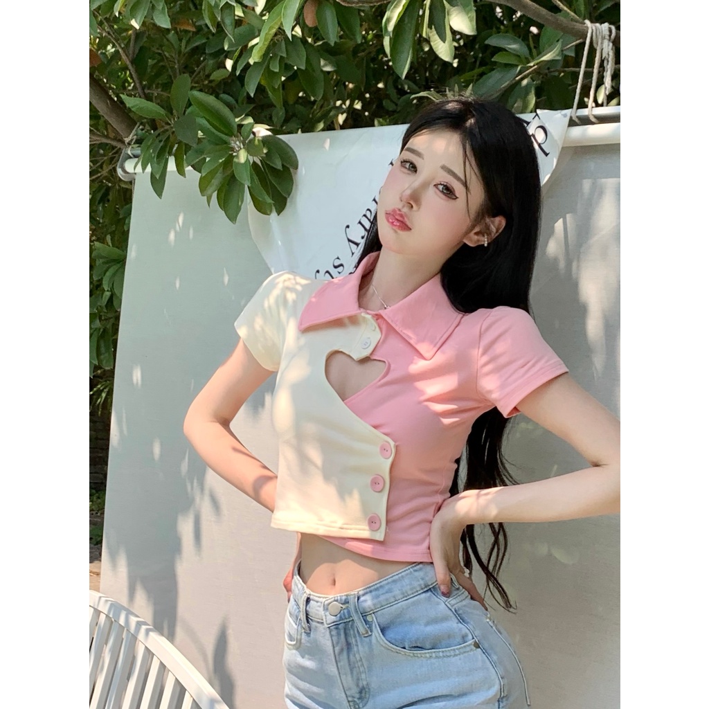 Áo polo SUXI tay ngắn dáng ôm họa tiết trái tim khoét lỗ thời trang mùa hè cho nữ