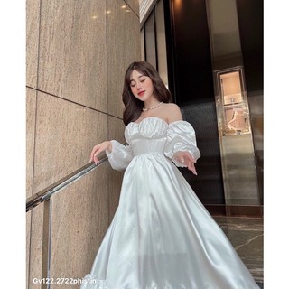 gv122- đầm maxi  trễ vai cup, chất phi satin