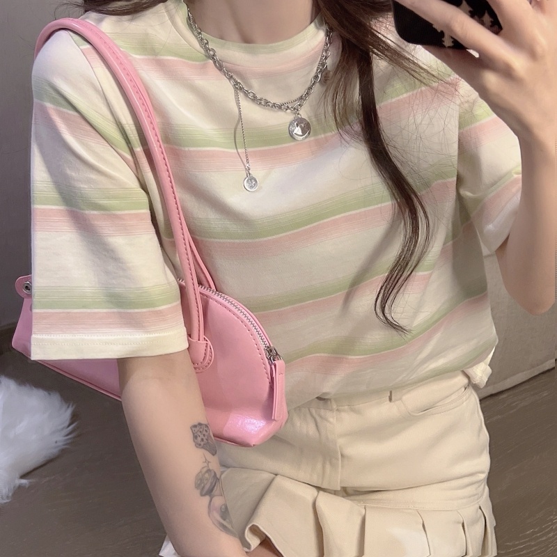 ZHELIHANGFEI Áo Thun Tay Ngắn Cổ Tròn Dáng Rộng Họa Tiết Kẻ Sọc Thời Trang Dễ Phối Đồ Cho Nữ