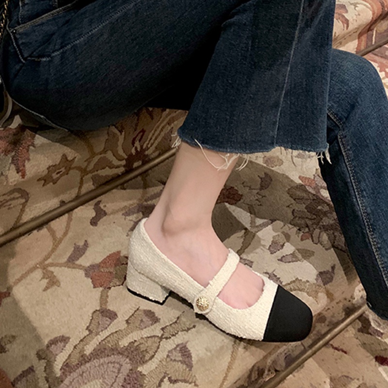 Giày búp bê gót vuông 5cm quai ngang cho nữ thời trang mùa xuân 2023