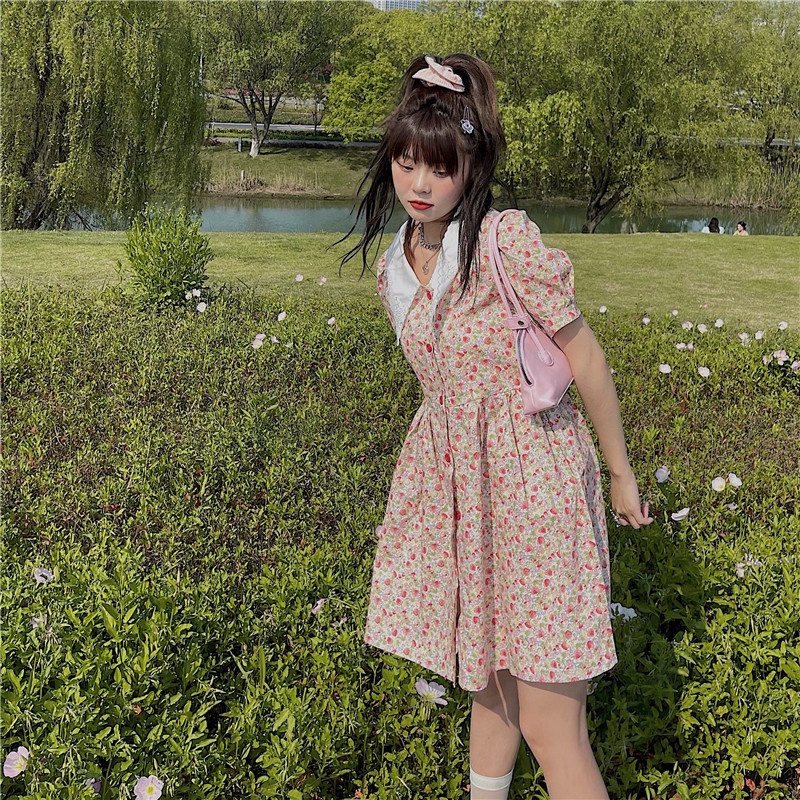 ZHELIHANGFEI Đầm Ngắn Nhấn Eo Họa Tiết Hoa Phong Cách Retro Ngọt Ngào