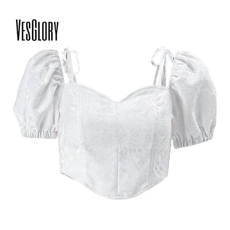 Vesglory Áo Thun Tay Ngắn Phồng Cổ Chữ V Màu Trơn Quyến Rũ Thời Trang Cho Nữ