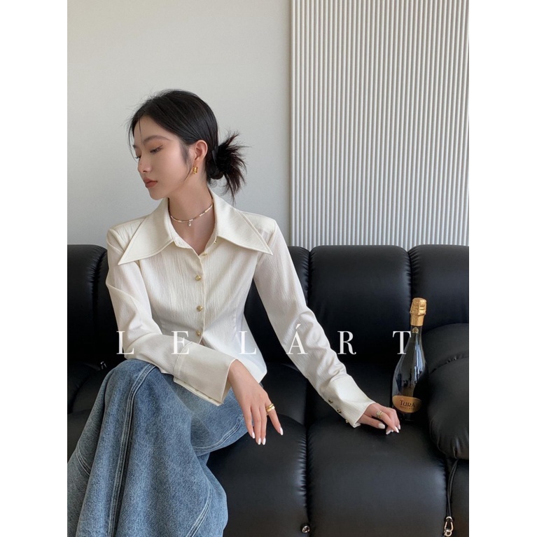 Mùa Xuân Thu Thiết Kế Ban Đầu Phong Cách Pháp Cổ Mũi Nhọn Sang Trọng Màu Trơn Đơn Ngắn Tay Dài Phong Cách Phương Tây Áo Sơ Mi Nữ