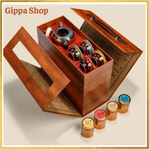 (QUÀ TẾT) Bộ Hộp 4 Danh Trà Trung Hoa Tặng Kèm Bộ Ấm Chén