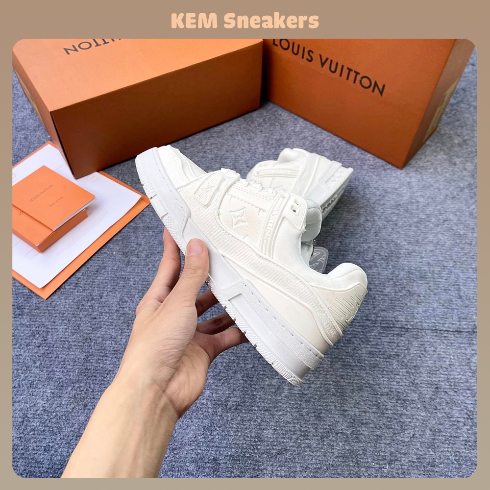 Giày LV Louis Vuitton Trainer Full White Full Phụ Kiện, Giày Thể Thao LV Trắng Hot Trend 2023