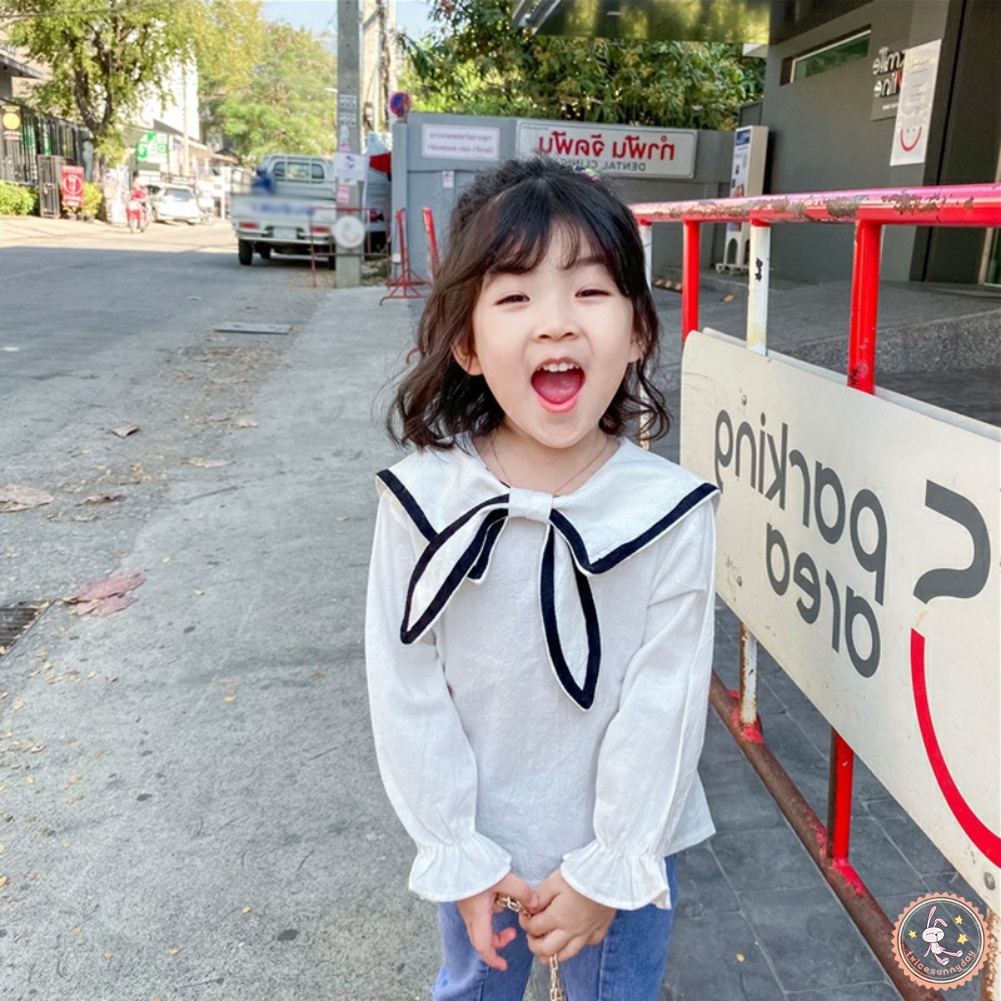 Set Đồ 2 Món Gồm Áo Cổ Hải Quân Tay Dài + Quần Jean Ống Rộng Cho Bé Gái