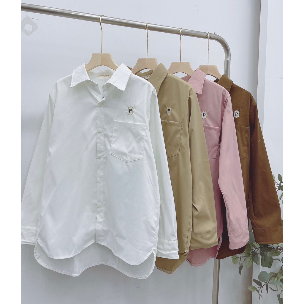 Áo sơ mi ulzzang thêu chữ P EMIX, dài tay, freesize dưới 60kg, áo vạt tôm, chất thô mềm