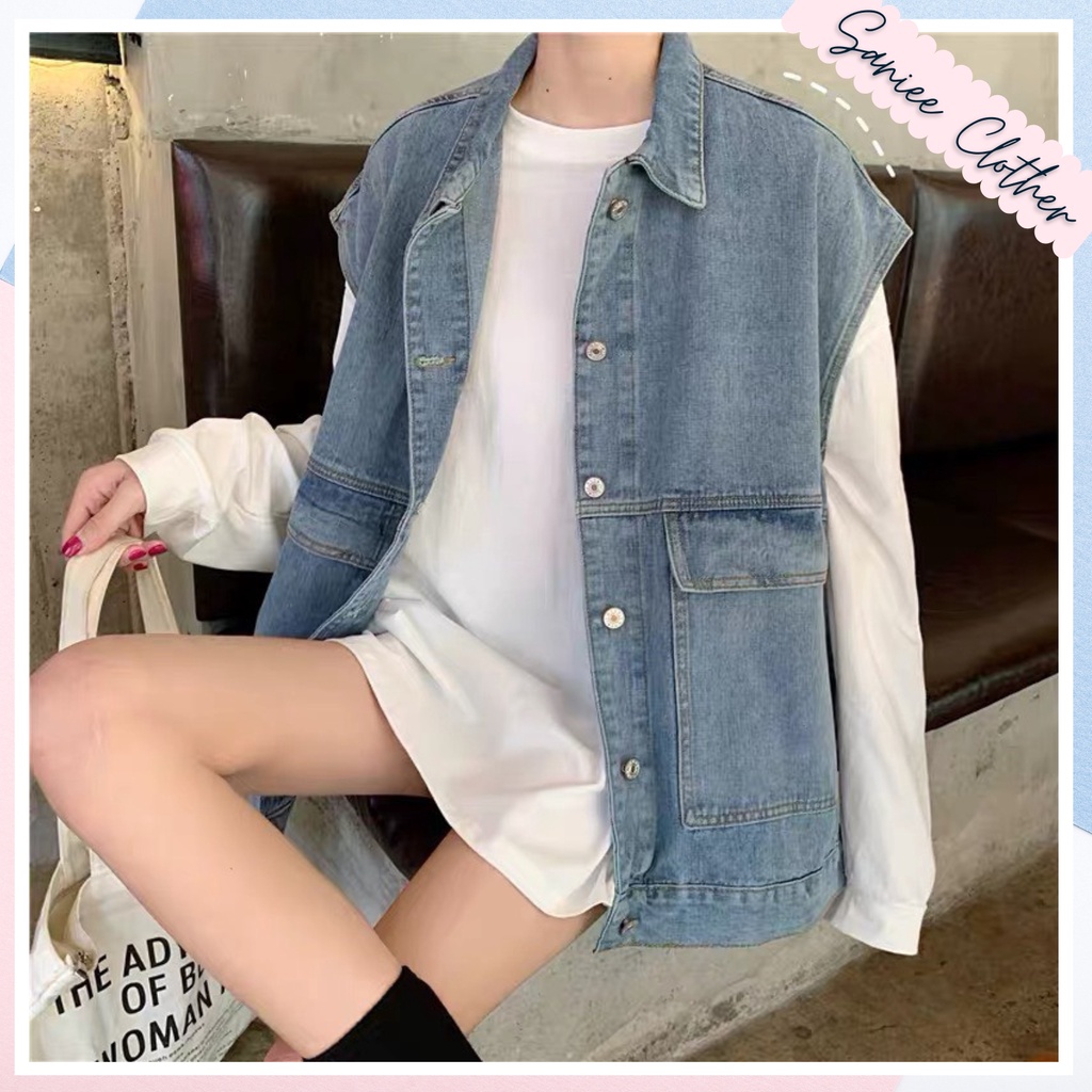Áo gile jeans nữ dáng hàn, áo khoác bò nữ không tay có túi style đường phố Saniee Clothes