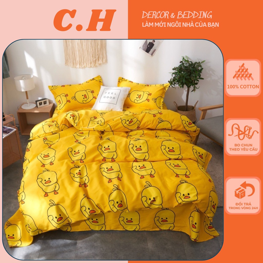 Bộ 3 món ga gối họa tiết gà cưng vàng, set vỏ ga gối gồm 1 ga 2 vỏ gối chất cotton poly