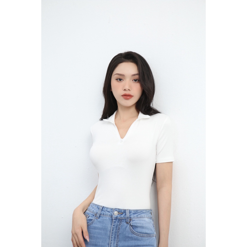 Áo thun tay ngắn nữ kiểu polo dáng ôm chất cotton zip co giãn phối khóa kéo sexy, CT JEANS