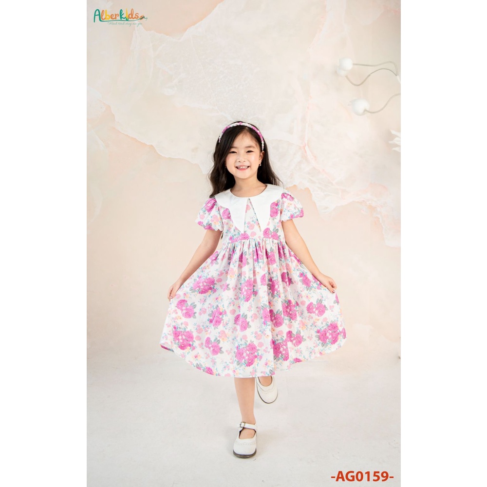 Váy bé gái ALBERKIDS hoa tím phối cổ trắng công chúa xinh đẹp cho trẻ em 2,3,4,5,6,7,8,9,10,11,12 tuổi AG0159