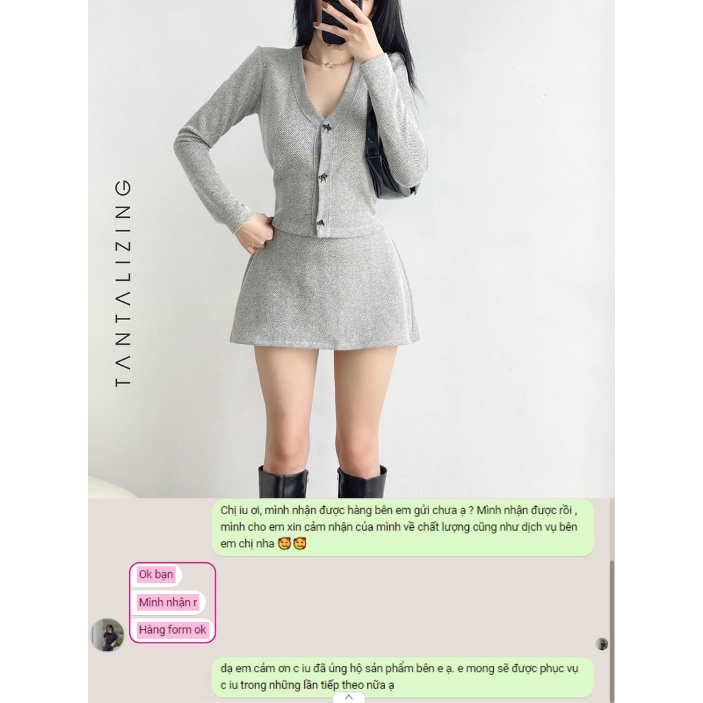 Set len Tantalizing áo Cardigan xám dài tay kèm chân váy ngắn siêu xinh, chất len xịn xò