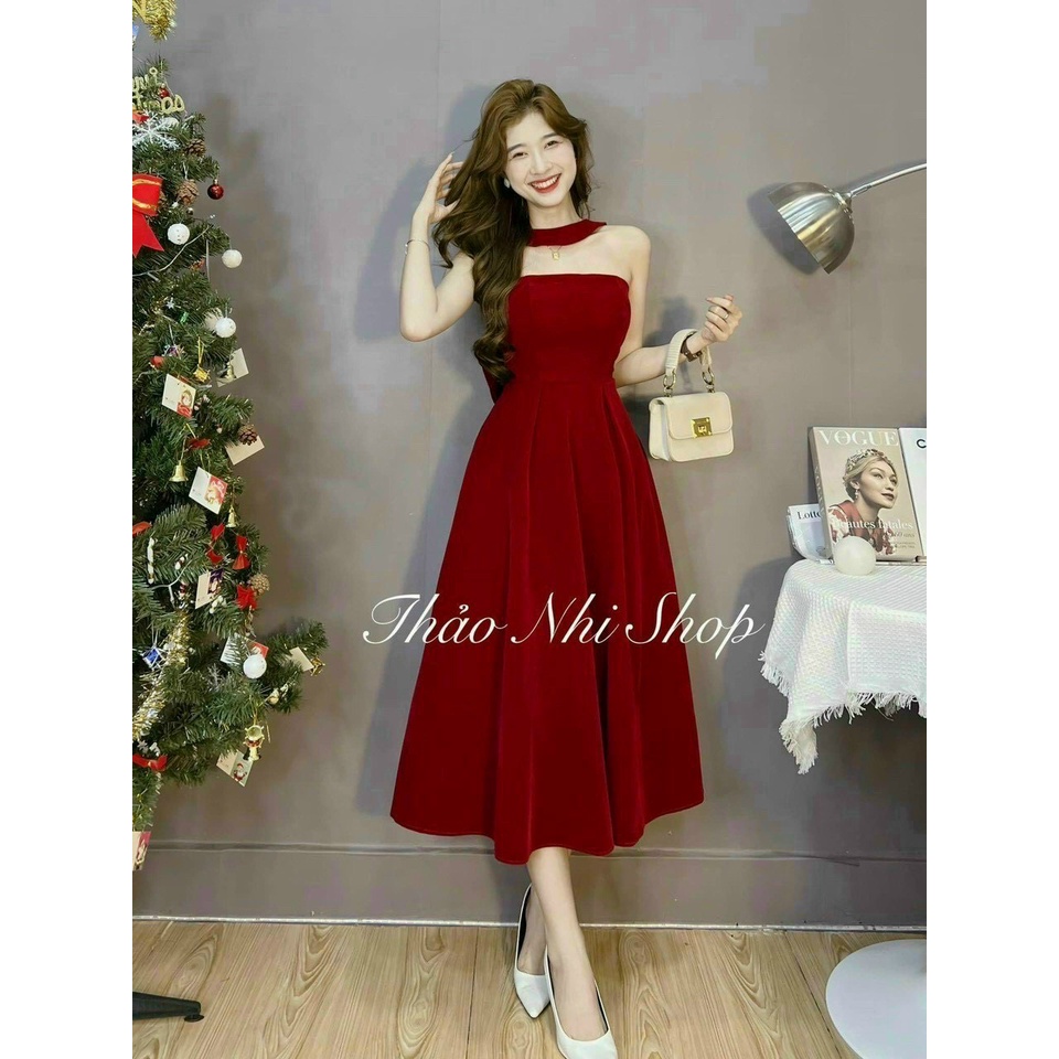 Đầm nhung dự tiệc dáng xoè dây cổ buộc nơ phía sau thiết kế sang trọng