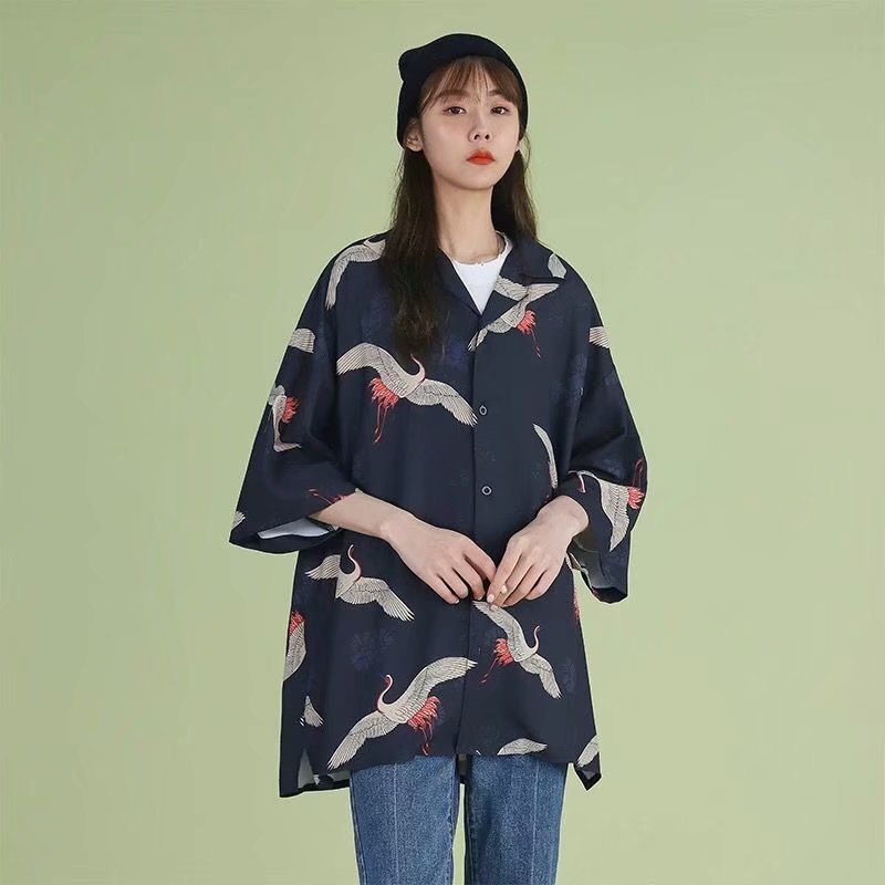Áo Sơ Mi Tay Ngắn Dáng Rộng In Họa Tiết Chim Hạc Thời Trang Mùa Hè Xinh Xắn Cho Nữ Tj474