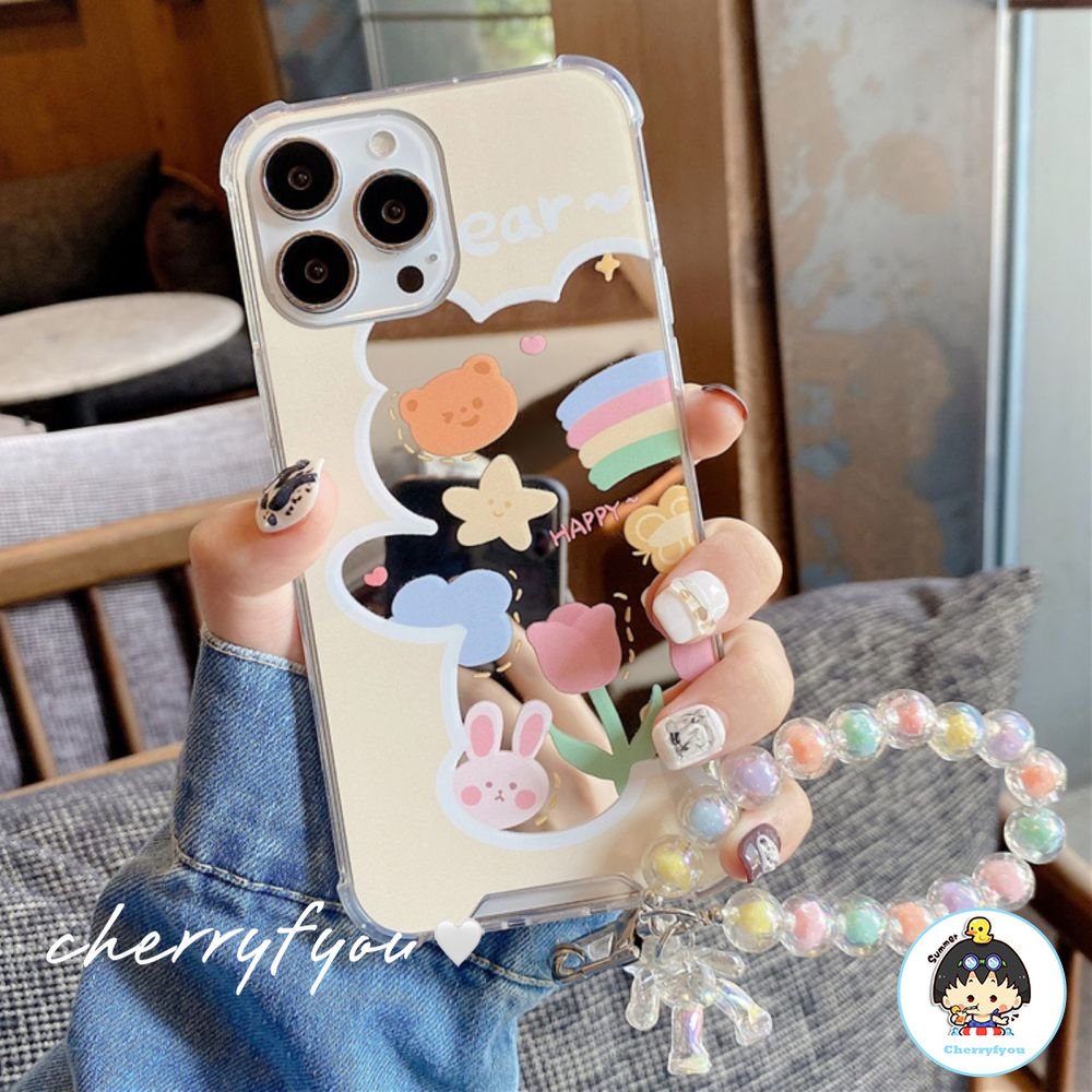 Ốp Điện Thoại TPU Mềm Tráng Gương Họa Tiết Gấu Hoạt Hình Kèm Dây Đeo Cho IPhone 14 13 12 11 Pro Max