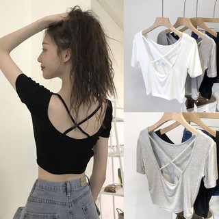 Áo Thun Tay Ngắn Hở Lưng Phong Cách Hàn Quốc Quyến Rũ Cho Nữ