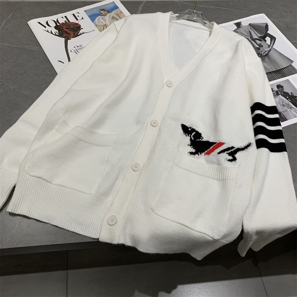 Thom Browne Spring New Age-reducing college style four-bar striped puppy Jacquard knitted cardigan women's casual loose sweater coat