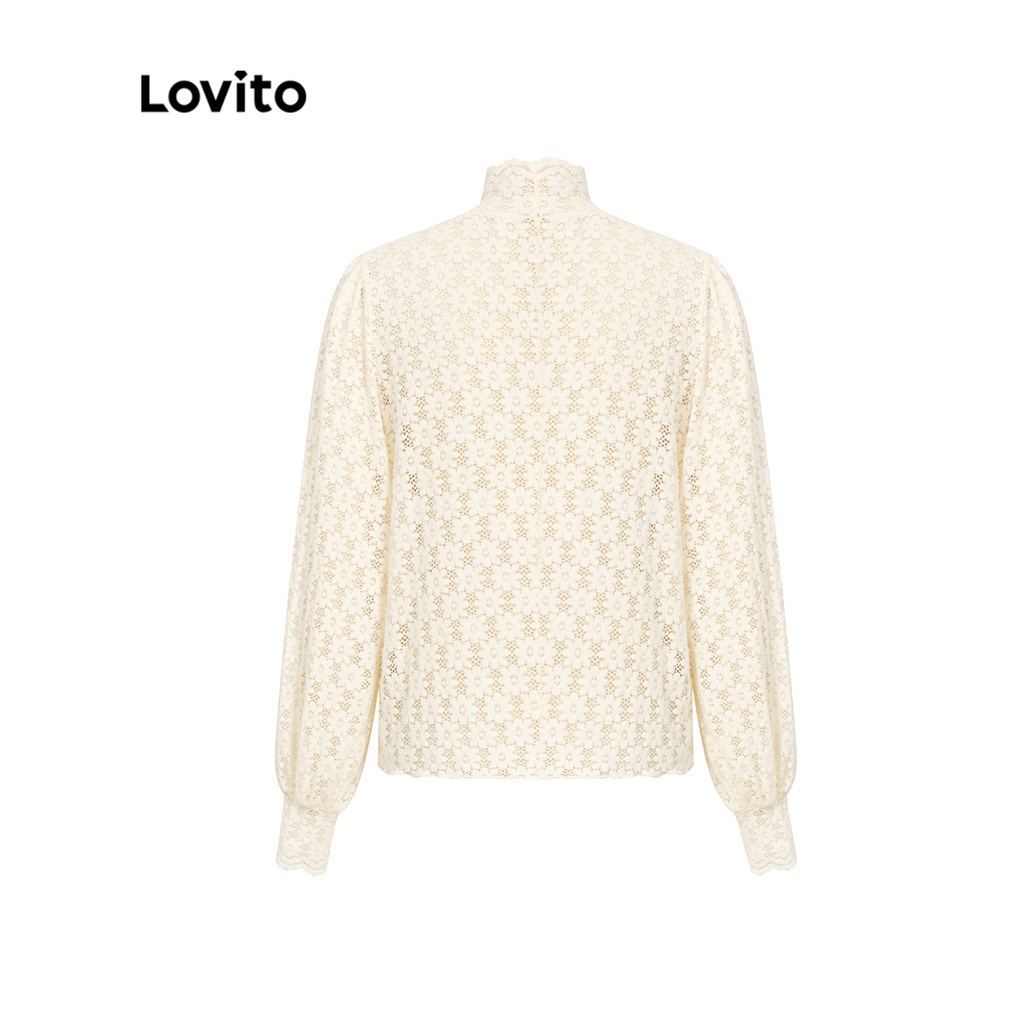 Áo thun Lovito cổ xếp nếp thêu viền lỗ họa tiết rỗng màu trơn phong cách thường ngày dành cho nữ L41AD022 (trắng ngà)