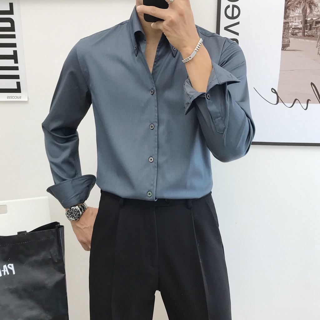 Áo sơ mi nam trắng đen dài tay kiểu mới hàn Quốc cao cấp công sở - , vải lụa trơn không nhăn co giãn nhẹ DT Limited