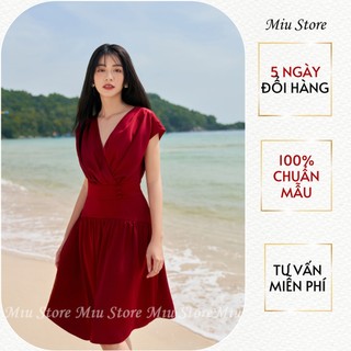 D00574 - Đầm thiết kế cao cấp lụa đỏ tay chờm Miu Store