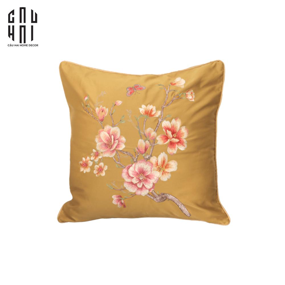 Vỏ gối lụa hoạ tiết hoa anh đào vàng 50x50cm Cậu Hai Home Decor