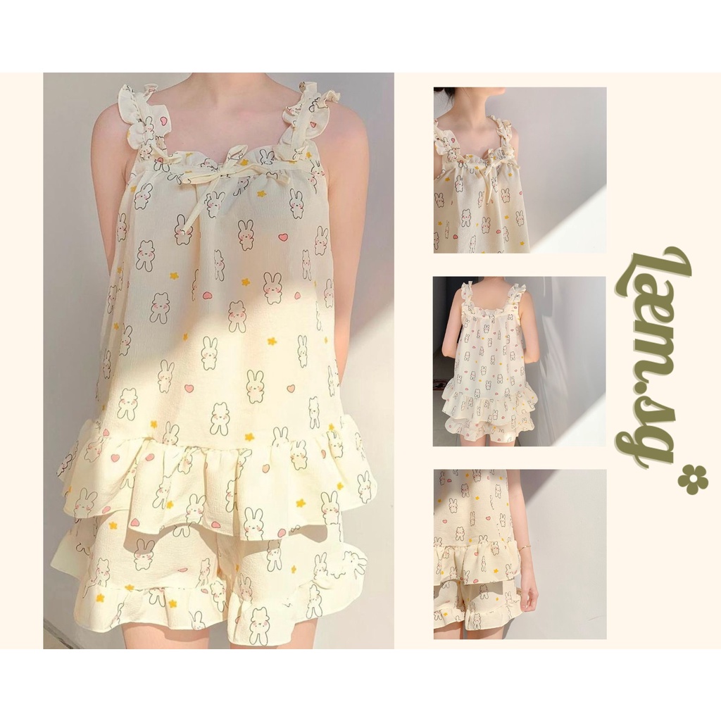 Set đồ ngủ Pijama hai dây nơ chất đũi xốp hàn họa tiết thỏ tim - Laem Saigon