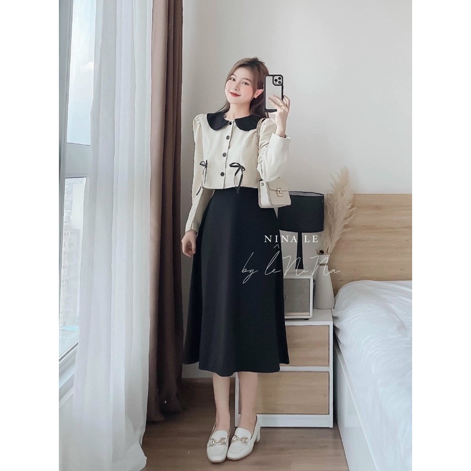 Set chân váy kèm áo tay dài phối bèo cổ cài nút thật siêu xinh dành cho các nàng yêu đi chơi, dự tiệc, thời trang nữ