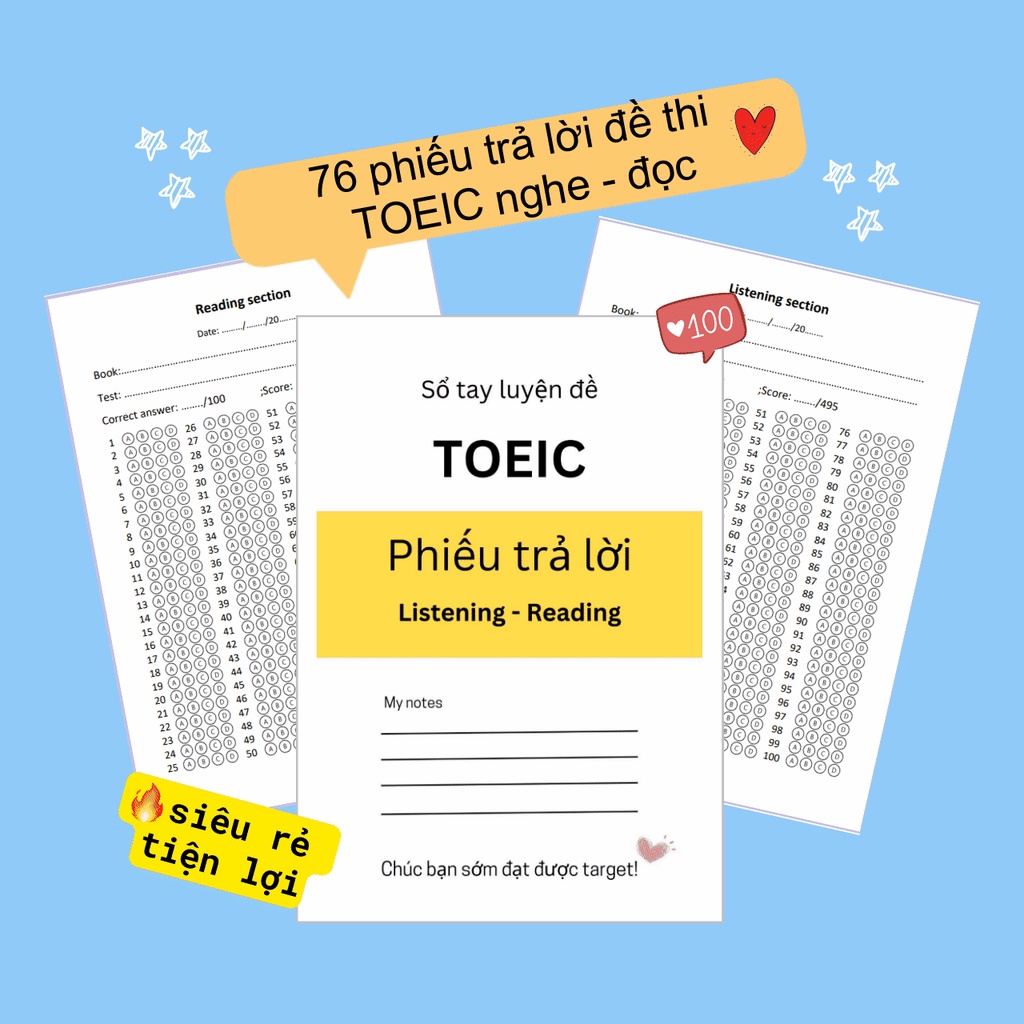 Tập 76 phiếu trả lời đề thi nghe, đọc TOEIC luyện thi tiện lợi đóng sổ khổ A5 gồm 100 câu trắc nghiệm